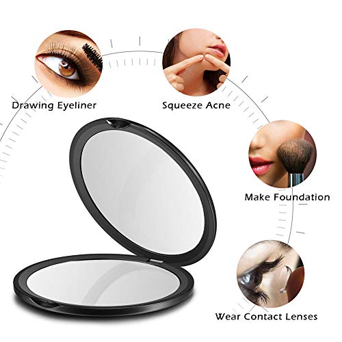 WEILY Espejo de Maquillaje Compacto para Viajes, Espejo de Bolsillo de Aumento 1X/7X con Rotación Ajustable de 180 °, Mini Espejo Portátil Plegable Redondo (7X, Negro)