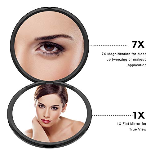 WEILY Espejo de Maquillaje Compacto para Viajes, Espejo de Bolsillo de Aumento 1X/7X con Rotación Ajustable de 180 °, Mini Espejo Portátil Plegable Redondo (7X, Negro)