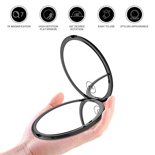 WEILY Espejo de Maquillaje Compacto para Viajes, Espejo de Bolsillo de Aumento 1X/7X con Rotación Ajustable de 180 °, Mini Espejo Portátil Plegable Redondo (7X, Negro)