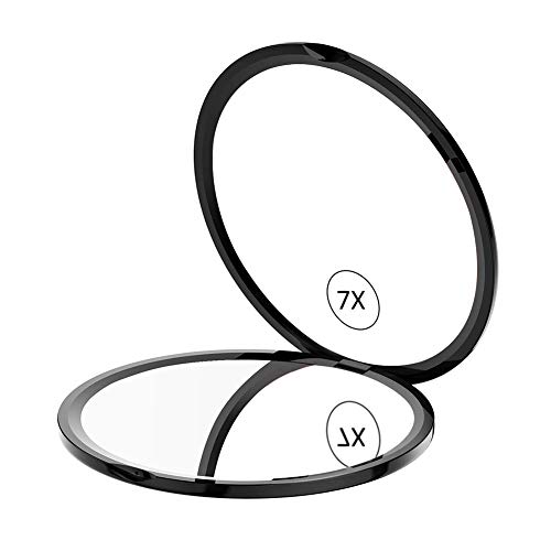 WEILY Espejo de Maquillaje Compacto para Viajes, Espejo de Bolsillo de Aumento 1X/7X con Rotación Ajustable de 180 °, Mini Espejo Portátil Plegable Redondo (7X, Negro)