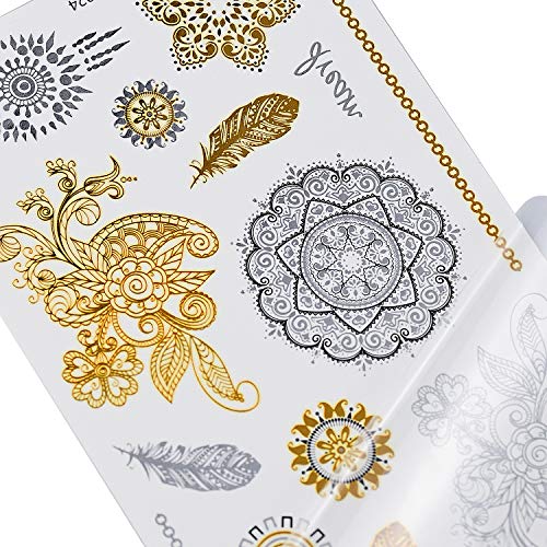 WEKON 8 Hojas Tatuaje Metálico,Tatuaje Pegatinas Falso Metálico, Pegatinas de Tatuaje Temporal Oro, Tattoo Stickers,Tatuaje Temporal Cara Cuerpo Impermeables Ultra Resistente Dorado para Adulto Niño