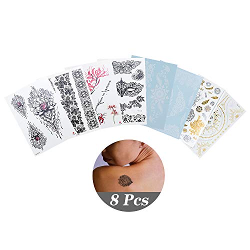 WEKON 8 Hojas Tatuaje Metálico,Tatuaje Pegatinas Falso Metálico, Pegatinas de Tatuaje Temporal Oro, Tattoo Stickers,Tatuaje Temporal Cara Cuerpo Impermeables Ultra Resistente Dorado para Adulto Niño