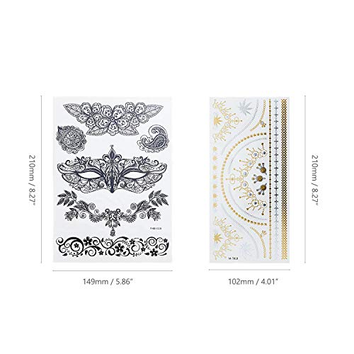 WEKON 8 Hojas Tatuaje Metálico,Tatuaje Pegatinas Falso Metálico, Pegatinas de Tatuaje Temporal Oro, Tattoo Stickers,Tatuaje Temporal Cara Cuerpo Impermeables Ultra Resistente Dorado para Adulto Niño