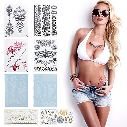 WEKON 8 Hojas Tatuaje Metálico,Tatuaje Pegatinas Falso Metálico, Pegatinas de Tatuaje Temporal Oro, Tattoo Stickers,Tatuaje Temporal Cara Cuerpo Impermeables Ultra Resistente Dorado para Adulto Niño