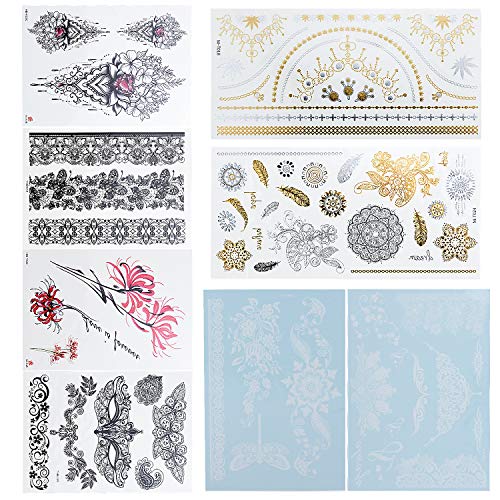 WEKON 8 Hojas Tatuaje Metálico,Tatuaje Pegatinas Falso Metálico, Pegatinas de Tatuaje Temporal Oro, Tattoo Stickers,Tatuaje Temporal Cara Cuerpo Impermeables Ultra Resistente Dorado para Adulto Niño