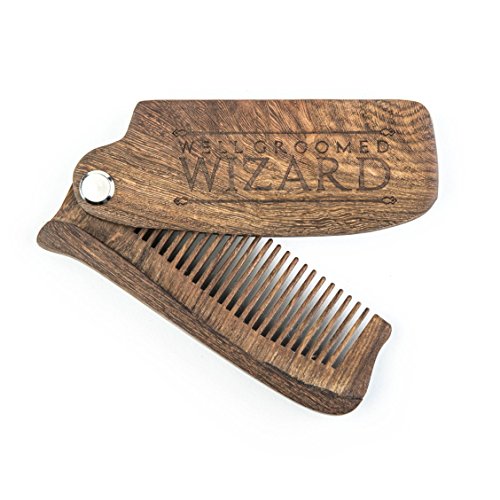 Well Groomed Wizard Peine de la Barba Plegable Sandalo, de Madera, Anti Estática Bigote y Peine del pelo, uso con Aceites Bálsamos y cera