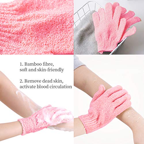 Wenosda 2 pares de Manopla Exfoliante Natural de Carbón de Bambú,Mitones de Limpieza y Eliminación de Doble Cara, Guantes de piel Muerta, Exfoliante de Belleza, Masaje de spa Corporal(Rosa + Gris)
