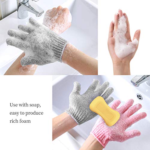 Wenosda 2 pares de Manopla Exfoliante Natural de Carbón de Bambú,Mitones de Limpieza y Eliminación de Doble Cara, Guantes de piel Muerta, Exfoliante de Belleza, Masaje de spa Corporal(Rosa + Gris)