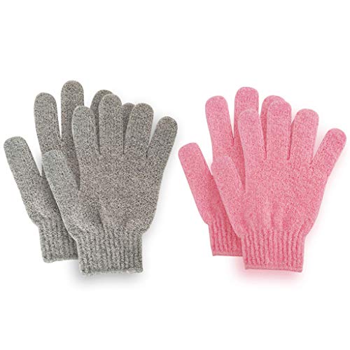 Wenosda 2 pares de Manopla Exfoliante Natural de Carbón de Bambú,Mitones de Limpieza y Eliminación de Doble Cara, Guantes de piel Muerta, Exfoliante de Belleza, Masaje de spa Corporal(Rosa + Gris)