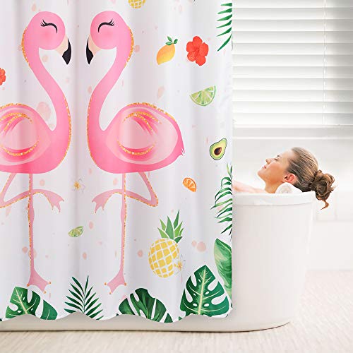 WERNNSAI Cortina Baño de Flamenco - 180 x 180cm Cortina de Ducha con Gancho Cortina Plastico Poliéster Hojas Tropicales Flores Patrones de Piña Decoración