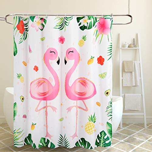 WERNNSAI Cortina Baño de Flamenco - 180 x 180cm Cortina de Ducha con Gancho Cortina Plastico Poliéster Hojas Tropicales Flores Patrones de Piña Decoración