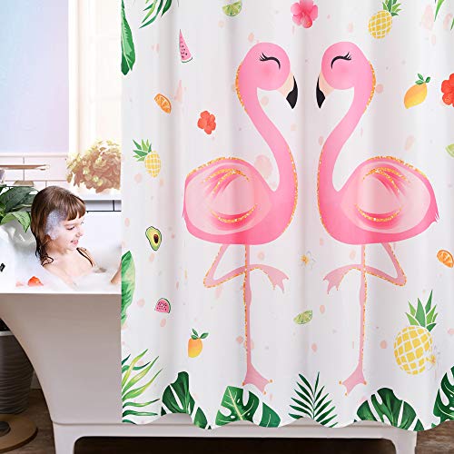 WERNNSAI Cortina Baño de Flamenco - 180 x 180cm Cortina de Ducha con Gancho Cortina Plastico Poliéster Hojas Tropicales Flores Patrones de Piña Decoración