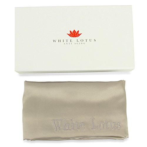 White Lotus Anti Aging - Funda de Almohada de Seda 100% Mulberry 19 Mommes Lujoso Estilo Oxford en Caja de Regalo Blanco Marfil – Antiarrugas, Evita el Encrespamiento y la Pérdida del Cabello - gris perla