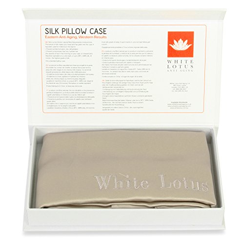 White Lotus Anti Aging - Funda de Almohada de Seda 100% Mulberry 19 Mommes Lujoso Estilo Oxford en Caja de Regalo Blanco Marfil – Antiarrugas, Evita el Encrespamiento y la Pérdida del Cabello - gris perla