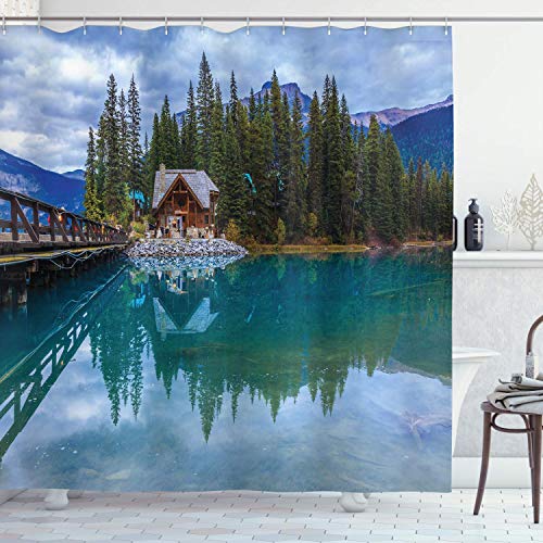 Wild One Cortina de Ducha Nature, Paisaje del Lago Esmeralda Canadiense con Vista al Campo, casa de Campo de Madera, Juego de baño, 72 'de Largo, Azul Verde