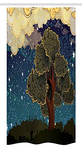 Wild One Cortina de Ducha Nature Stall, Funk Vibrante Cielo Nocturno Estrellado Nubes hinchadas ilustración de árbol, Juego de baño, 55 'x 72', Amarillo pálido