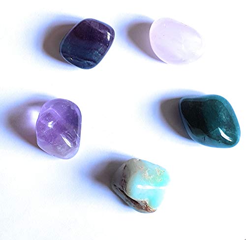 Wild Therapies - Lote de 5 piedras de agua positiva y felicidad (amatista – cuarzo rosa – fluorita – crisoprasa, aventurina verde – paquete de piedras para la secadora