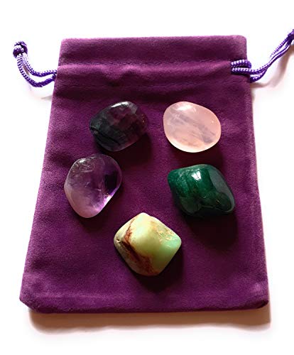 Wild Therapies - Lote de 5 piedras de agua positiva y felicidad (amatista – cuarzo rosa – fluorita – crisoprasa, aventurina verde – paquete de piedras para la secadora