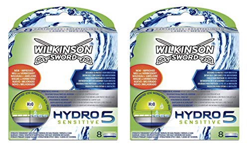 Wilkinson Sword Hydro 5 Sensitive - Recambio de Cuchillas de Afeitar de 5 Hojas para Hombres con Piel Sensible, Banda Lubricante Extra Hidratante, Pack 16 Unidades, color Verde