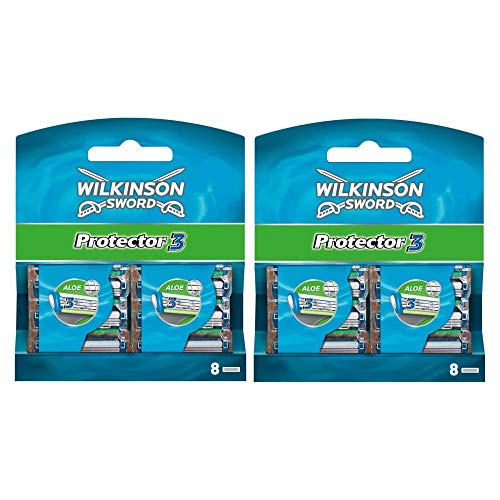 Wilkinson Sword Protector 3 - Pack de 16 Recambios de Cuchillas de Afeitar de 3 Hojas para Hombres, Banda Acondicionadora con Aloe Vera