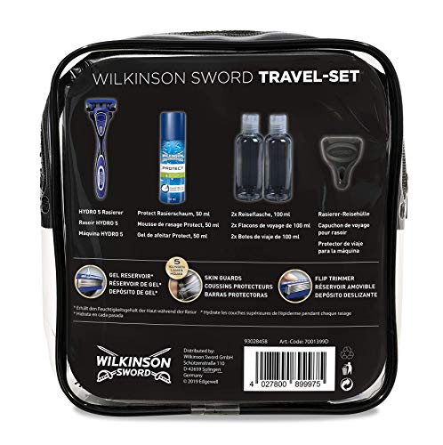 Wilkinson Sword Set de Viaje con Máquina de Afeitar Recargable de 5 Hojas + Protector de Viaje + Espuma de Afeitado Protect 50 Ml + 2X Botes Rellenables 100 Ml + Neceser de Viaje