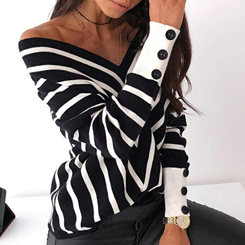WINLISTING Mujer Chic Camisetas de Manga Larga, Sexy Cuello en V Manga Larga Camisa Otoño Invierno Raya Impresión Hombro Camisa Tops Casual Flojo Camiseta
