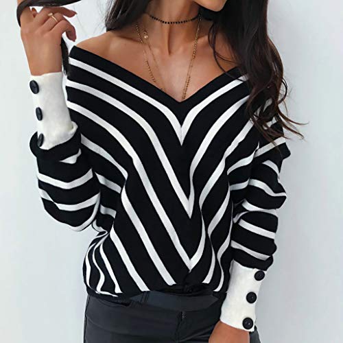 WINLISTING Mujer Chic Camisetas de Manga Larga, Sexy Cuello en V Manga Larga Camisa Otoño Invierno Raya Impresión Hombro Camisa Tops Casual Flojo Camiseta