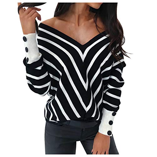 WINLISTING Mujer Chic Camisetas de Manga Larga, Sexy Cuello en V Manga Larga Camisa Otoño Invierno Raya Impresión Hombro Camisa Tops Casual Flojo Camiseta