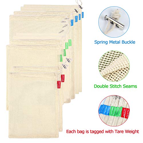 Winload Bolsas de Vegetales Reutilizables, 10 Piezas Olsas de Frutas y Vegetales de Algodón, Bolsas Ecologicas para la Compra Verduras, Bolsas de Comida con Tara Tag, Bolsas de Malla Transpirables