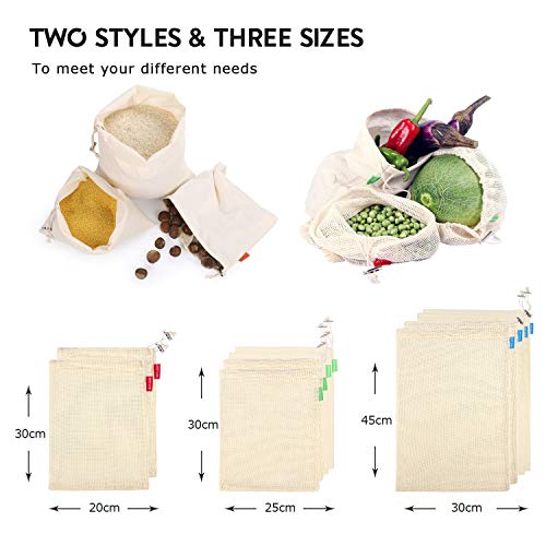 Winload Bolsas de Vegetales Reutilizables, 10 Piezas Olsas de Frutas y Vegetales de Algodón, Bolsas Ecologicas para la Compra Verduras, Bolsas de Comida con Tara Tag, Bolsas de Malla Transpirables