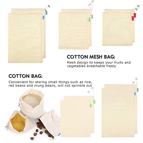 Winload Bolsas de Vegetales Reutilizables, 10 Piezas Olsas de Frutas y Vegetales de Algodón, Bolsas Ecologicas para la Compra Verduras, Bolsas de Comida con Tara Tag, Bolsas de Malla Transpirables