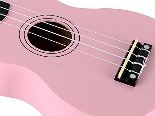 Winzz Ukelele Soprano Starter Kit para Principiante. Incluye: Funda, Afinador, Cuerdas Extra, Correa Ajustable, Púas, Pegatinas de notas, Guía de Acordes y Paño de pulido. Color: Rosa