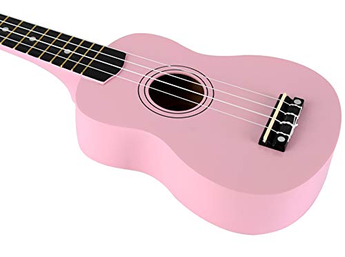 Winzz Ukelele Soprano Starter Kit para Principiante. Incluye: Funda, Afinador, Cuerdas Extra, Correa Ajustable, Púas, Pegatinas de notas, Guía de Acordes y Paño de pulido. Color: Rosa