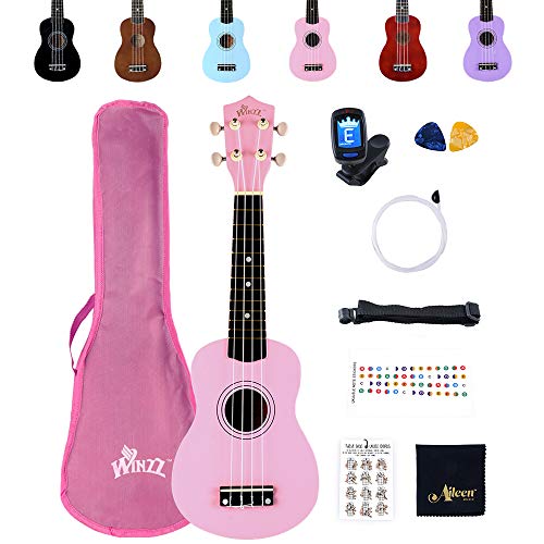Winzz Ukelele Soprano Starter Kit para Principiante. Incluye: Funda, Afinador, Cuerdas Extra, Correa Ajustable, Púas, Pegatinas de notas, Guía de Acordes y Paño de pulido. Color: Rosa