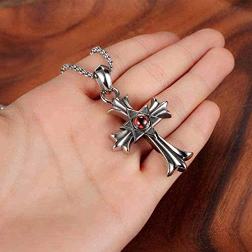 WLHLFL Collar Joyas de Acero Inoxidable Collar para Hombre Vintage Ruby Cross Titanio Colgante de Acero Collar Rojo-Rojo Regalo para Mujeres Hombres Regalos