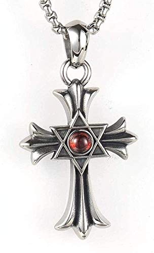 WLHLFL Collar Joyas de Acero Inoxidable Collar para Hombre Vintage Ruby Cross Titanio Colgante de Acero Collar Rojo-Rojo Regalo para Mujeres Hombres Regalos