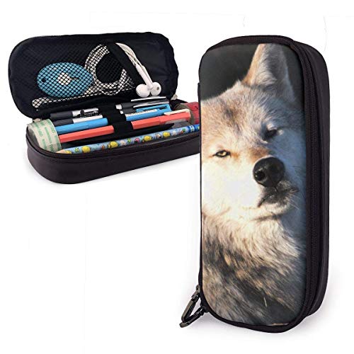 Wolf Wolves Predator Nature Funda de cuero para lápices Estuche para bolígrafo con cremallera Material escolar Papelería de gran capacidad Caja