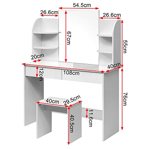 WOLTU Tocador de Maquillaje Tocadores con Taburete y Espejo Mesa de Maquillaje Brillante con 4 Estantes 108x40x142cm Blanco MB6044ws