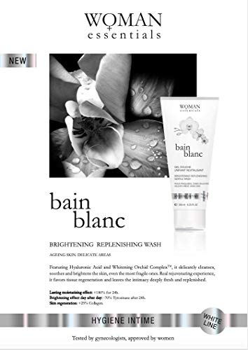 WOMAN ESSENTIALS BAIN BLANC 200ML- Gel de ducha revitalizante con ácido hialurónico. Higiene íntimo y corporal. Pieles secas y sensibles, propensa a los signos de la edad.