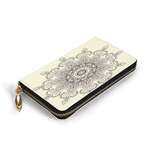 Women's Long Leather Card Holder Purse Zipper Buckle Elegant Clutch Wallet, Arabesque Mandala Ritual Symbol Universe Unity of Life Shabby Chic Ethnic Motif,Sleek and Slim Travel Purse