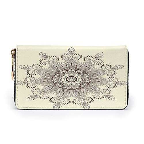 Women's Long Leather Card Holder Purse Zipper Buckle Elegant Clutch Wallet, Arabesque Mandala Ritual Symbol Universe Unity of Life Shabby Chic Ethnic Motif,Sleek and Slim Travel Purse