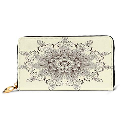 Women's Long Leather Card Holder Purse Zipper Buckle Elegant Clutch Wallet, Arabesque Mandala Ritual Symbol Universe Unity of Life Shabby Chic Ethnic Motif,Sleek and Slim Travel Purse