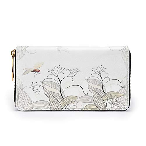Women's Long Leather Card Holder Purse Zipper Buckle Elegant Clutch Wallet, Curled Nature Branches Leaves Lake Coast Abstract Floral Shabby Chic Pattern,Sleek and Slim Travel Purse