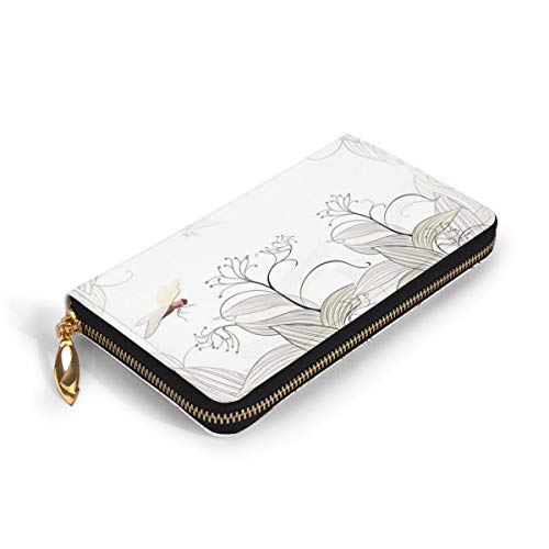 Women's Long Leather Card Holder Purse Zipper Buckle Elegant Clutch Wallet, Curled Nature Branches Leaves Lake Coast Abstract Floral Shabby Chic Pattern,Sleek and Slim Travel Purse