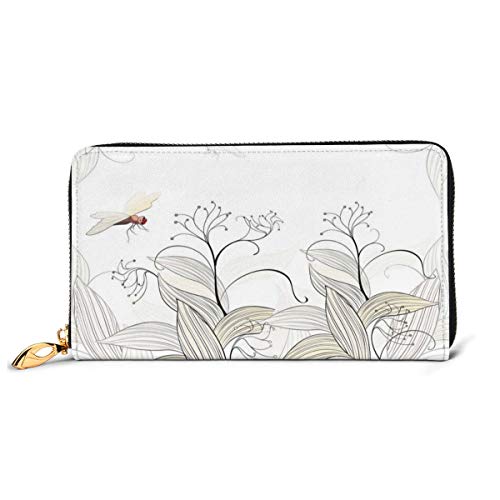 Women's Long Leather Card Holder Purse Zipper Buckle Elegant Clutch Wallet, Curled Nature Branches Leaves Lake Coast Abstract Floral Shabby Chic Pattern,Sleek and Slim Travel Purse