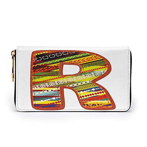 Women's Long Leather Card Holder Purse Zipper Buckle Elegant Clutch Wallet, Ethnic Ornamental R Letter with Abstract Aztec Tribal Effects Shabby Chic Pattern,Sleek and Slim Travel Purse