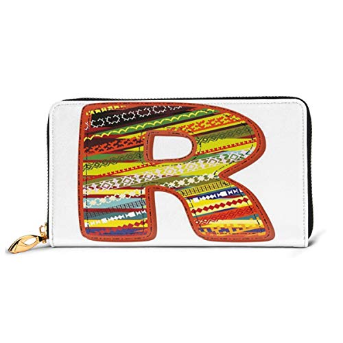 Women's Long Leather Card Holder Purse Zipper Buckle Elegant Clutch Wallet, Ethnic Ornamental R Letter with Abstract Aztec Tribal Effects Shabby Chic Pattern,Sleek and Slim Travel Purse