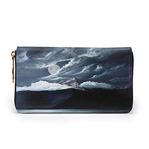 Women's Long Leather Card Holder Purse Zipper Buckle Elegant Clutch Wallet, Moon Over Lake and Hills with Dark Storm Clouds Twilight Dawn At Night,Sleek and Slim Travel Purse