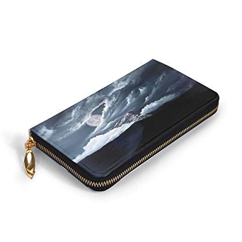 Women's Long Leather Card Holder Purse Zipper Buckle Elegant Clutch Wallet, Moon Over Lake and Hills with Dark Storm Clouds Twilight Dawn At Night,Sleek and Slim Travel Purse