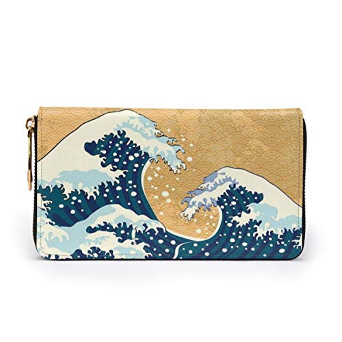 Women's Long Leather Card Holder Purse Zipper Buckle Elegant Clutch Wallet, Sea Storm In Japan Traditional Drawing Foamy,Sleek and Slim Travel Purse